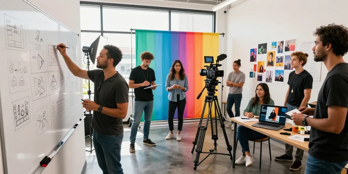 Dynamic collaboration scene at a production company in Los Angeles, showcasing creativity in video production.