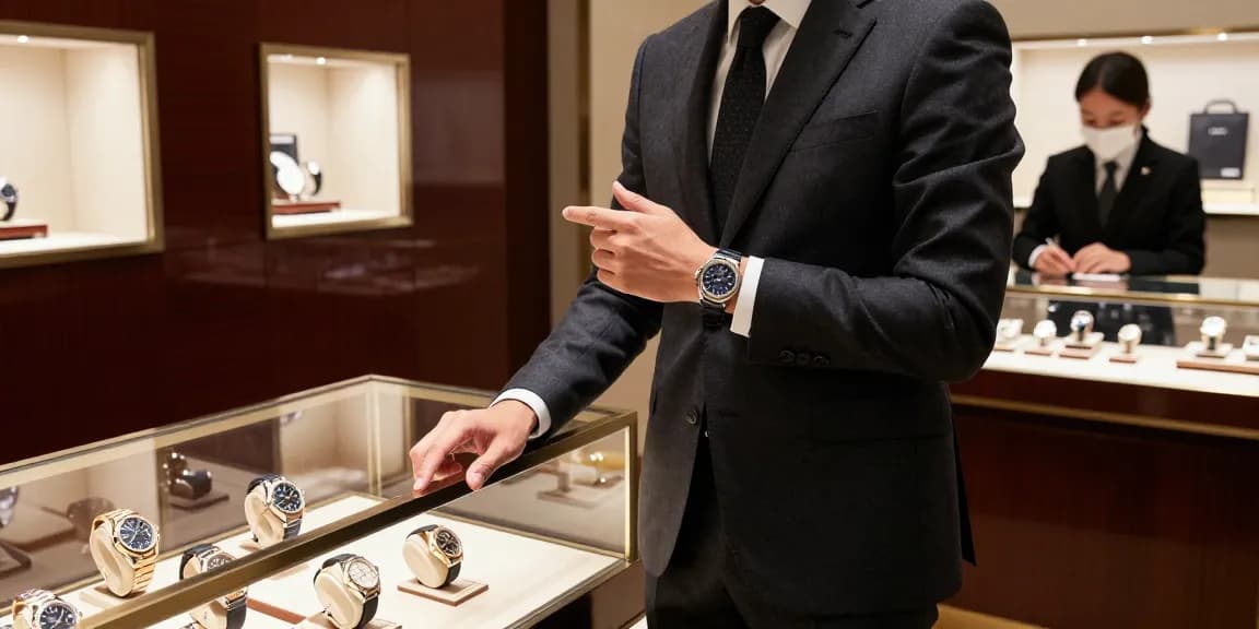 Stylish individual showcasing clone watches in an upscale boutique, highlighting luxury timepieces.