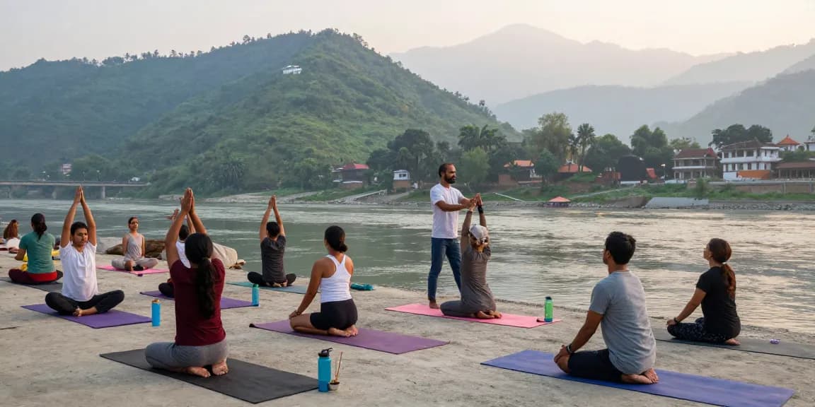 Yoga instructor certification india training on the banks of the Ganges in Rishikesh, students practicing in serene surroundings.