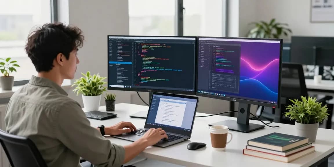 快连 developer in a modern workspace coding on dual monitors, surrounded by plants and tech books
