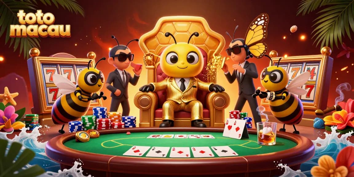 Toto Macau gambling scene featuring a bumblebee mob boss, poker chips, and slot elements.
