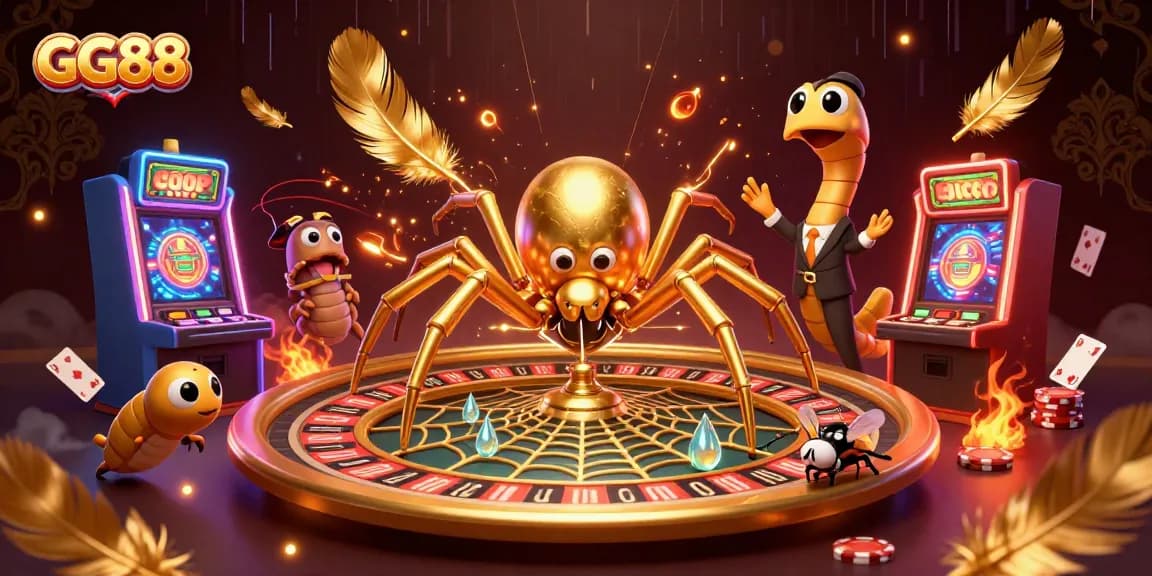 Experience thrilling betting at GG88 with a golden spider, roulette wheel, and centipede dealer in a vibrant casino scene.