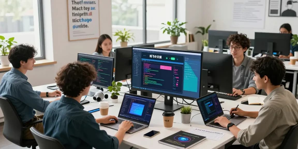Collaborative tech workspace showcasing developers working on the 纸飞机中文版 app with vibrant coding displays.
