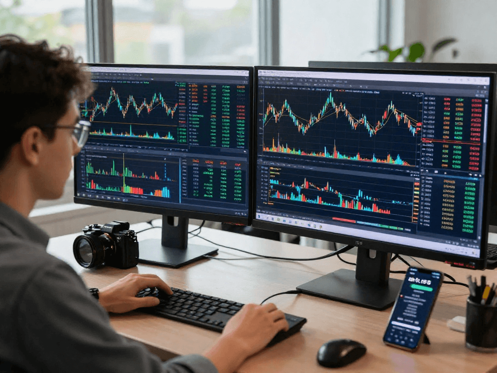 交易者使用MetaTrader 5分析金融市场，显示深度行情和技术指标。