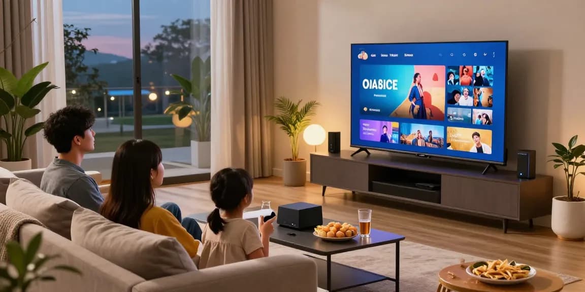 Expérience IPTV dans un salon moderne, famille profitant de la télévision à écran plat.