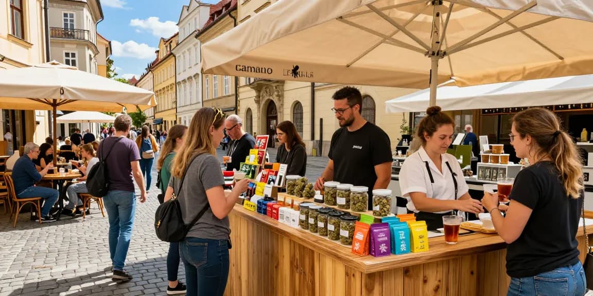 Where Can I Buy Top Quality Weed In Prague? Approved Guide features a vibrant dispensary scene with customers exploring cannabis products.