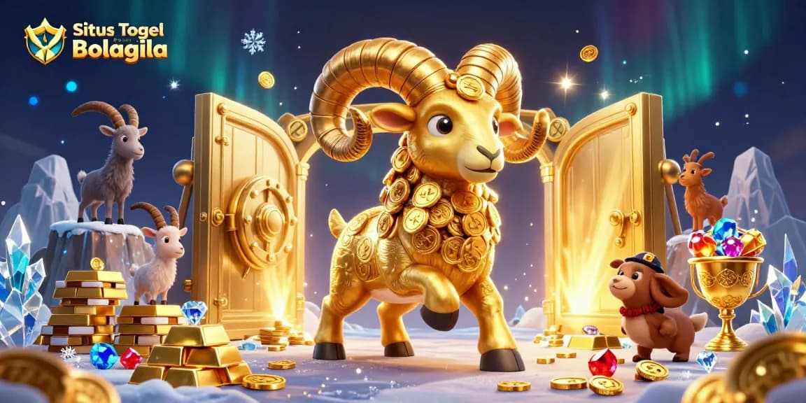 Situs Togel Resmi Bolagila menampilkan ilustrasi menarik dengan ratusan koin emas dan ram berwarna oranye.