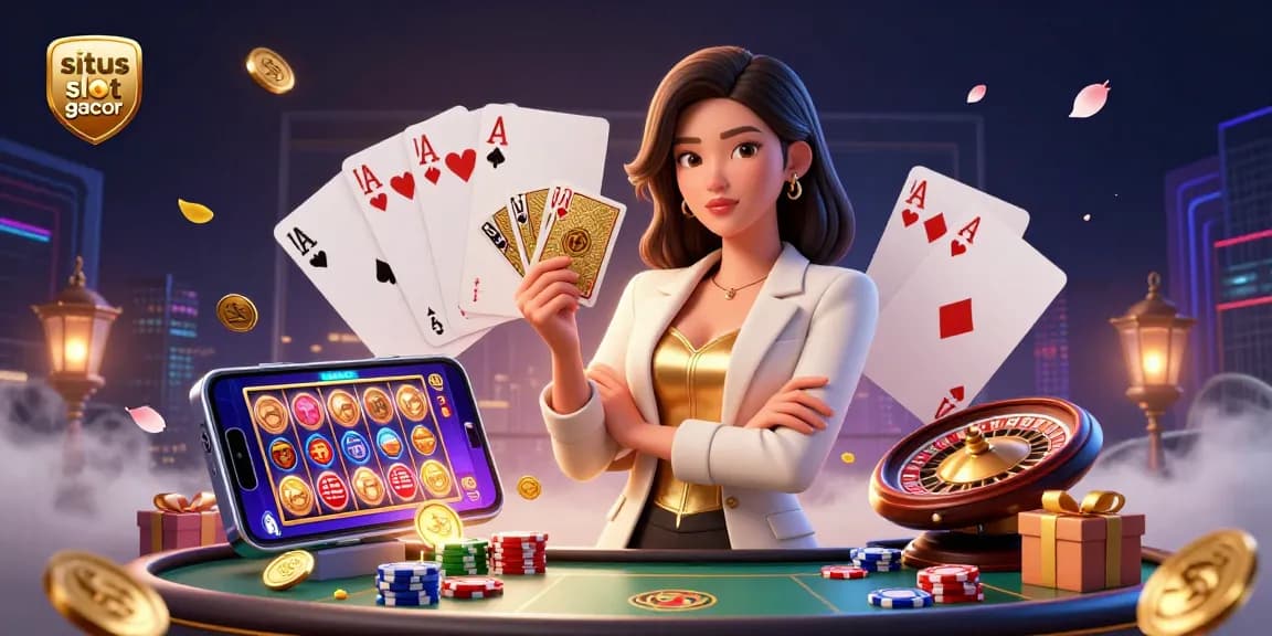 situs slot gacor showcasing an Asian businesswoman with gaming elements representing thrilling casino experiences.