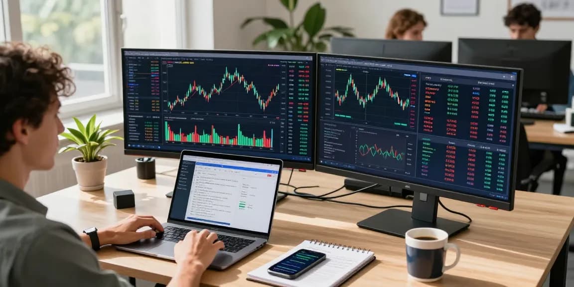 Cricbet99 cryptocurrency trading workspace with multiple monitors showing Bitcoin and Ethereum charts, digital wallet interface, and dynamic crypto market analysis.