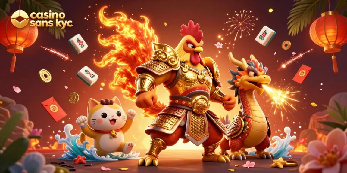 Jouez à casino sans KYC avec une illustration dynamique de personnages colorés et éléments de jeu.