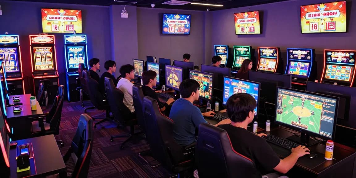 Situs Resmi Dominobet brings excitement in a vibrant online gaming café with players enjoying casino games.