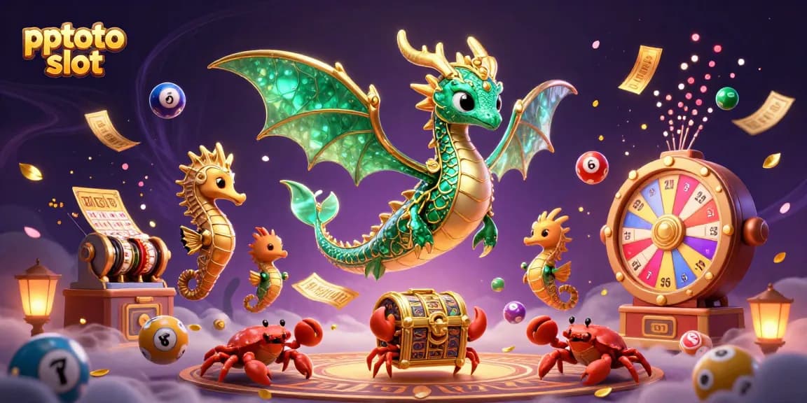 PPTOTO slot features a vibrant 3D sea dragon surrounded by colorful casino elements and magical effects.