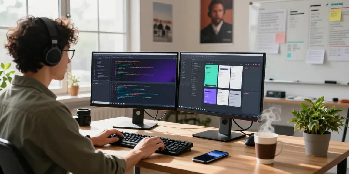 Engaged developer coding on dual monitors with 纸飞机中文版 app interface in a modern workspace