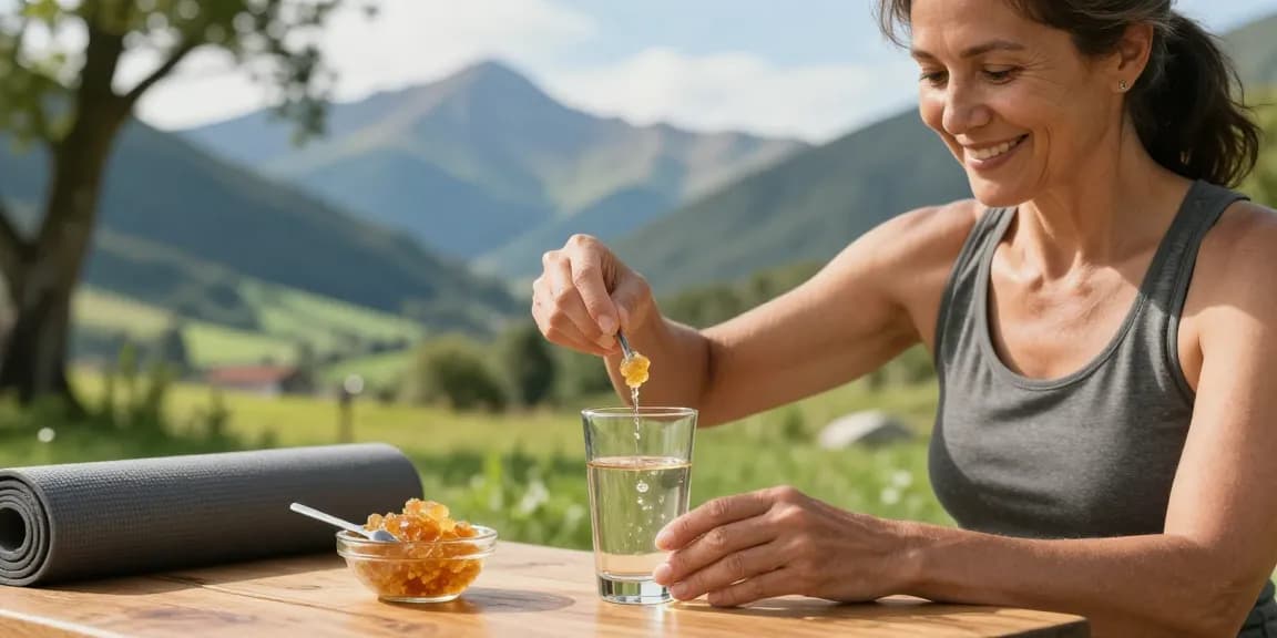 Enjoying the benefits of the best shilajit in Australia, a woman dissolves shilajit resin in water amidst a beautiful Himalayan landscape.