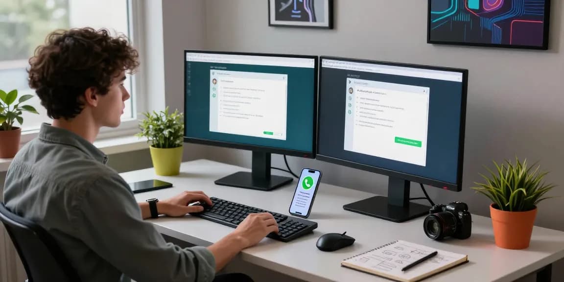 Engaged professional using WhatsApp網頁版 on dual monitors in a modern workspace.