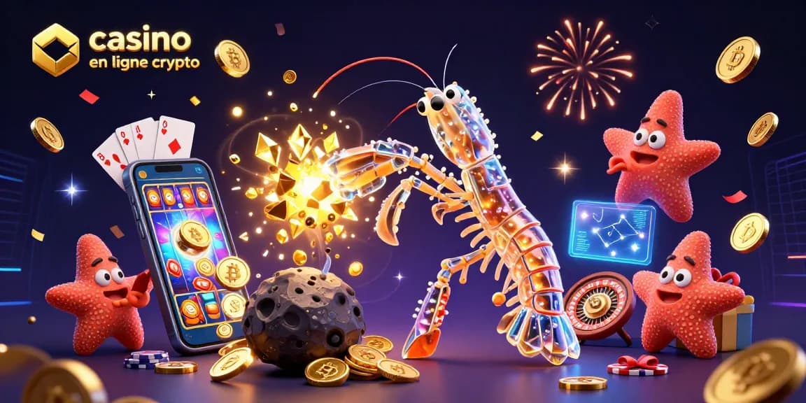 Illustration de casino en ligne crypto avec un samouraï mante et des pièces d'or explosant.