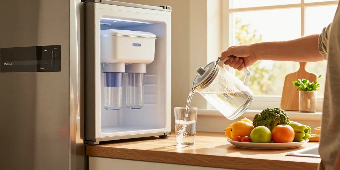 Maxblue DA29-00020B Refrigerator Water Filter in use, pouring fresh water into a pitcher in a warm kitchen.