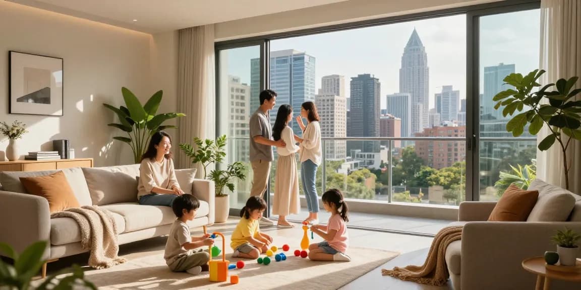 Dover Residences family enjoying city skyline view from stylish balcony, capturing the essence of modern urban living.