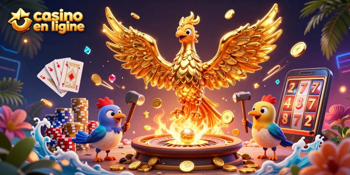 Jouez au casino en ligne avec une illustration captivante de la phoenix dorée et des éléments de jeu.