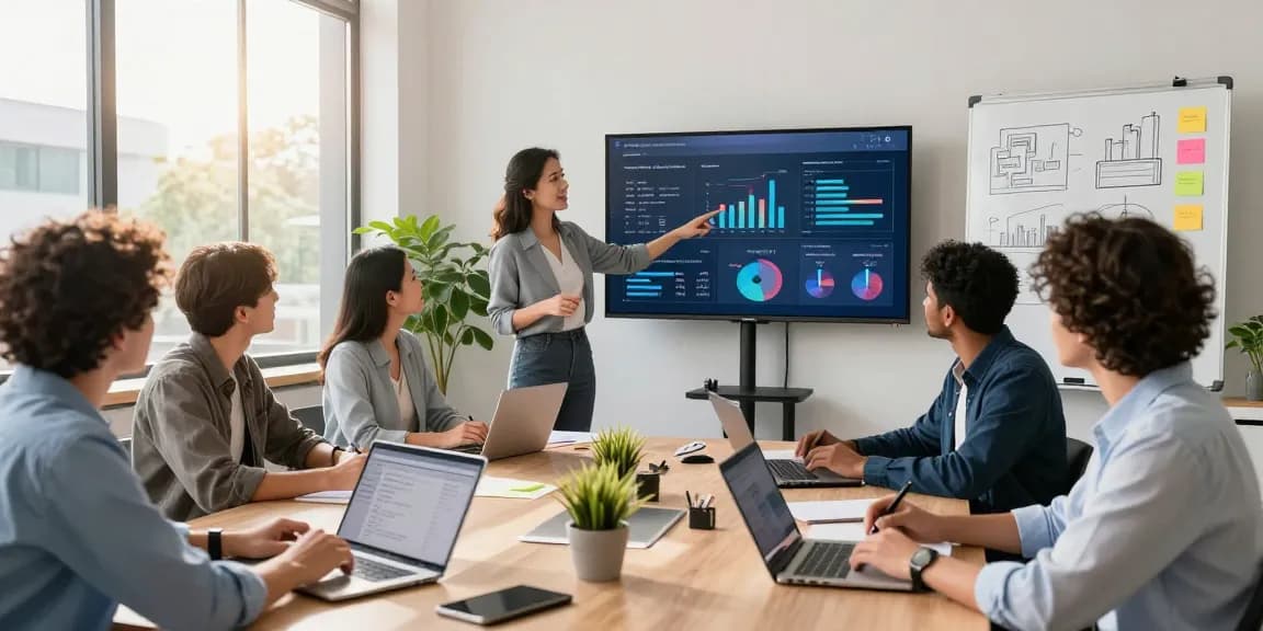 Business promotion & social visibility strategy meeting in a modern office with a diverse team collaborating around a digital screen.