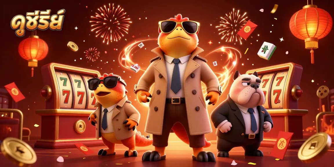 Experience ดูซีรี่ย์ in a vibrant casino scene with animated raptors and lively gaming elements.