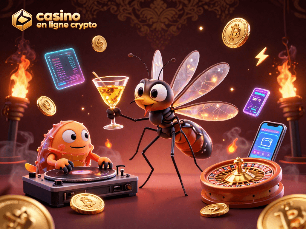 Jouez sur un casino en ligne crypto avec des personnages amusants autour de jeux et de cryptomonnaies.
