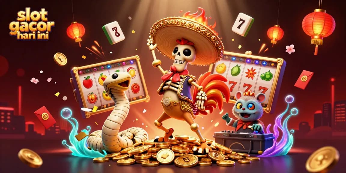 Spin to win with "slot gacor hari ini" as a mariachi rooster, mummy snake, and DJ hamster celebrate on a gold coin pile.
