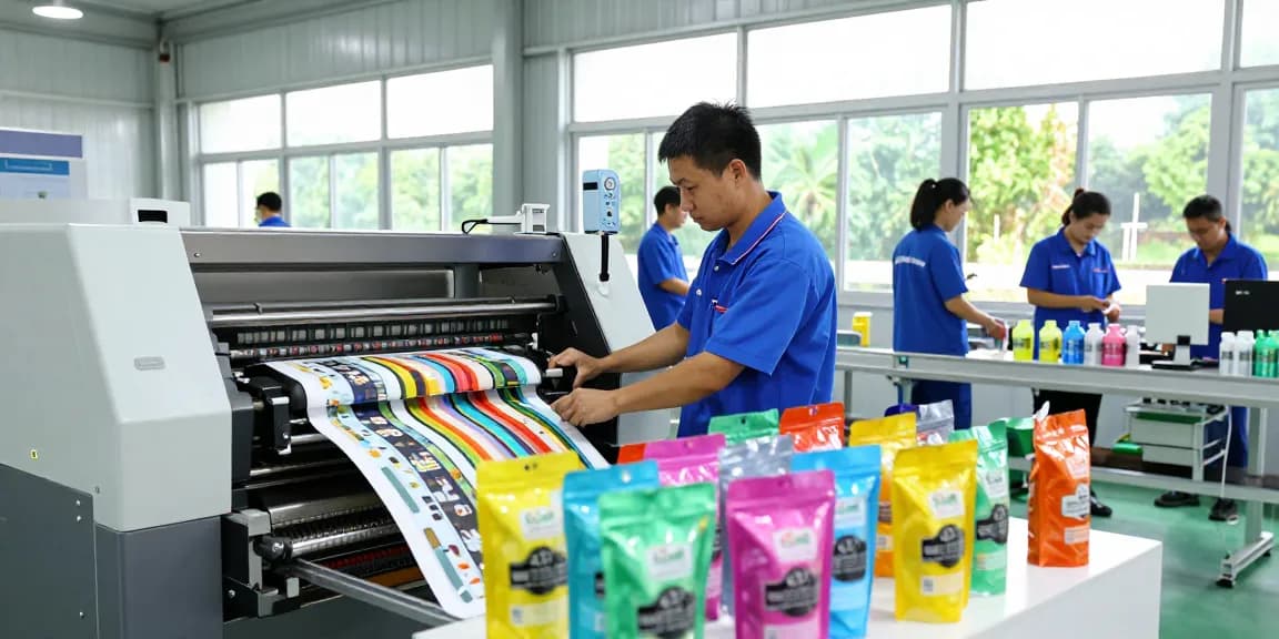 STAND UP POUCH production in a modern packaging facility with technicians and vibrant display.