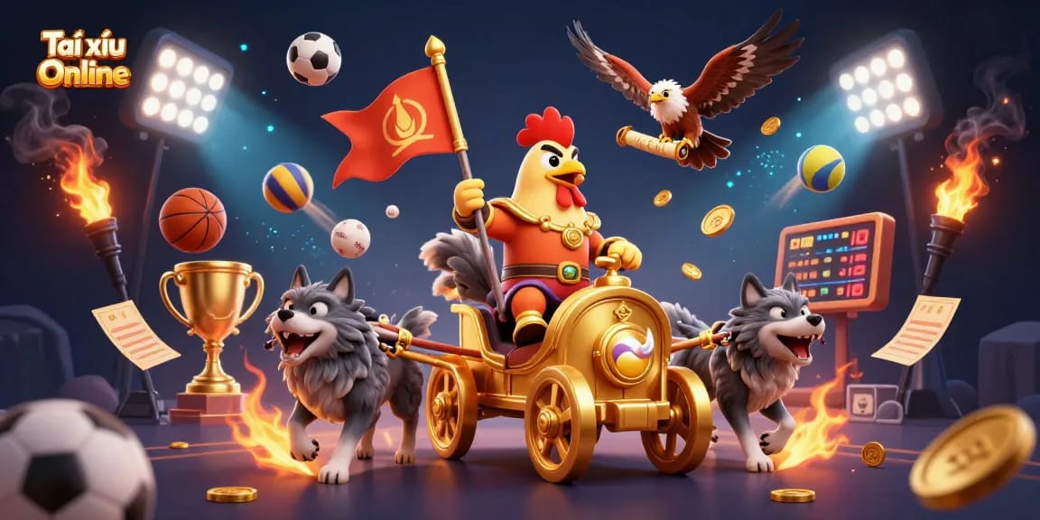 Experience thrilling Tài xỉu Online gaming with a cartoon rooster warlord and dynamic game elements.