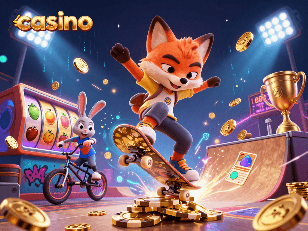 Casino gaming scene with a skateboarder fox and BMX rabbit amidst vibrant slot elements.