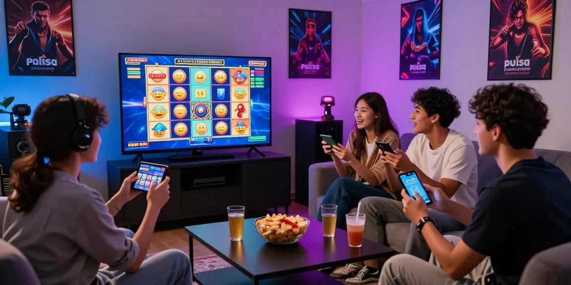 Friends enjoying online slot gaming with deposit pulsa tanpa potongan in a cozy living room.