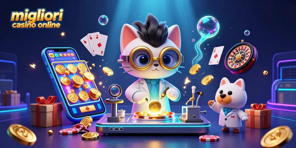 Migliori casino online: illustrazione di un gatto scienziato e un cane assistente nel laboratorio del gioco d'azzardo