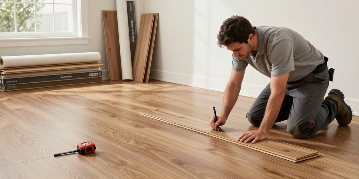 Installer using flooring software to measure and lay vinyl planks in a modern workspace