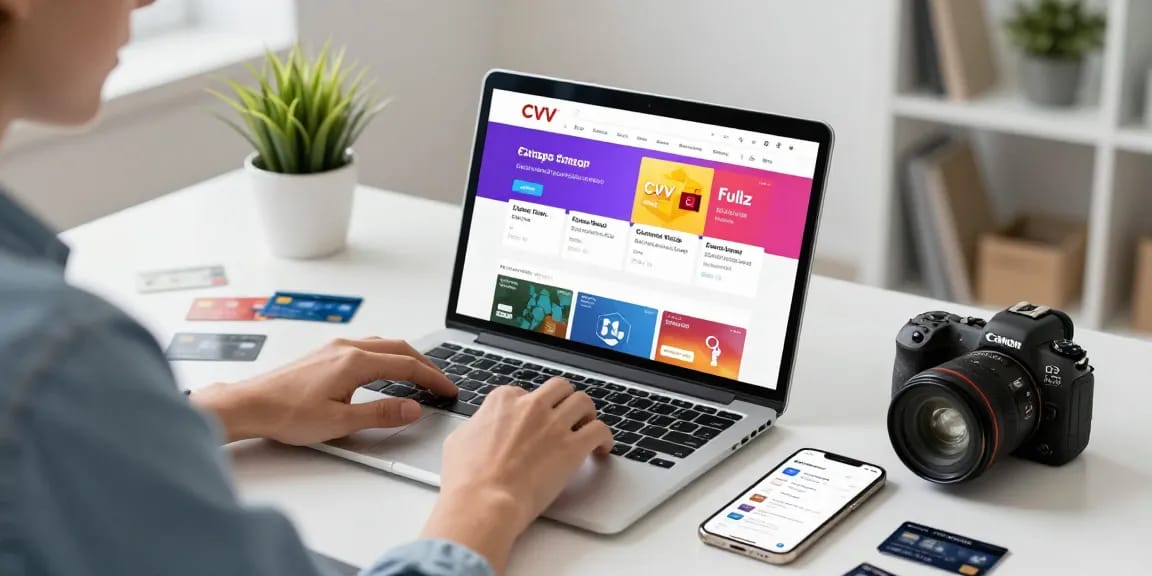Browsing the fresh cvv shop for CVV dumps and fullz on a laptop at a stylish desk.