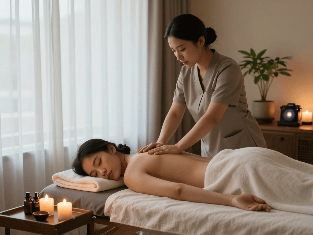 Experiencing a tranquil 출장안마 in a serene hotel setting with essential oils.
