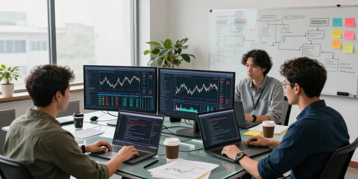 CME exchange futures data feed visualizations in a dynamic tech workspace with developers collaborating.