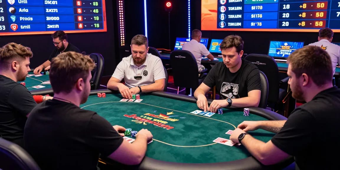 Dewapoker Live Jackpot online tournament scene with players engaging at virtual tables, showcasing vibrant graphics and competitive atmosphere.