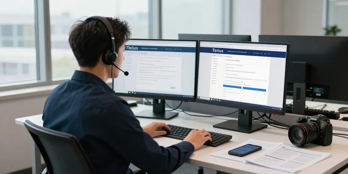 Telus-Technical-Support representative assisting a customer over the phone in a professional office.