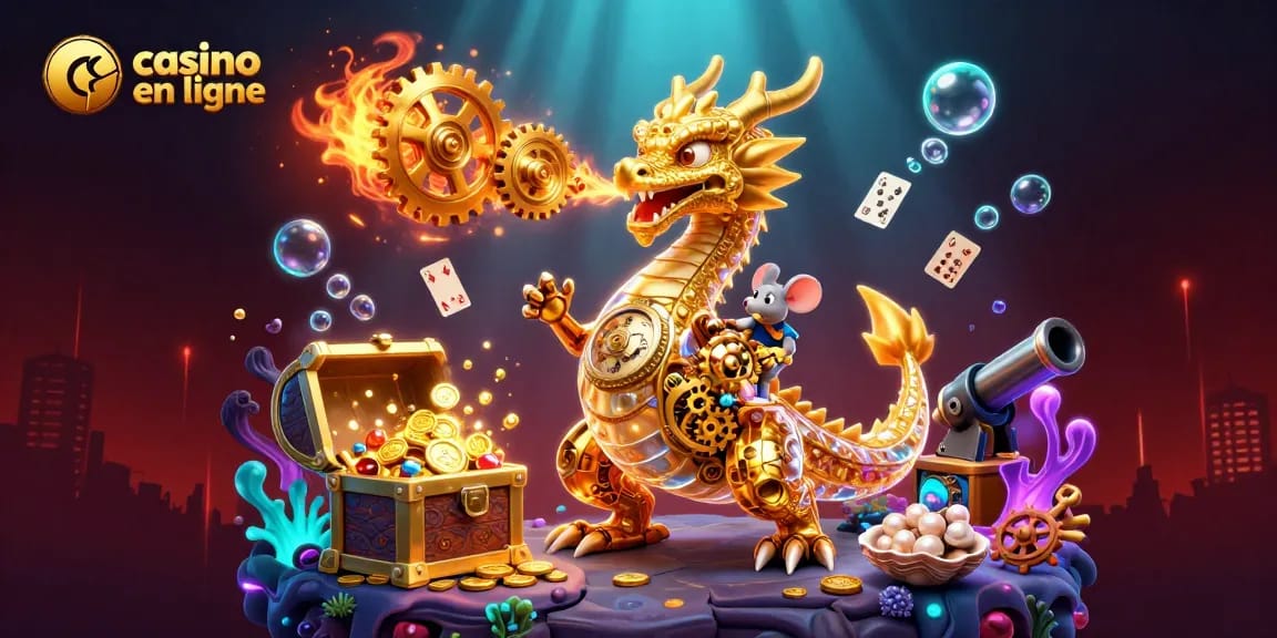 Découvrez les jeux passionnants de casino en ligne avec un dragon et un ingénieur souris dans une scène vibrante.