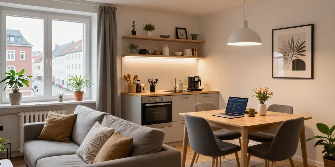 Moderne Monteurwohnung Hannover mit gemütlichem Wohnbereich, voll ausgestatteter Küche und einladenden Details für Geschäftsreisende.