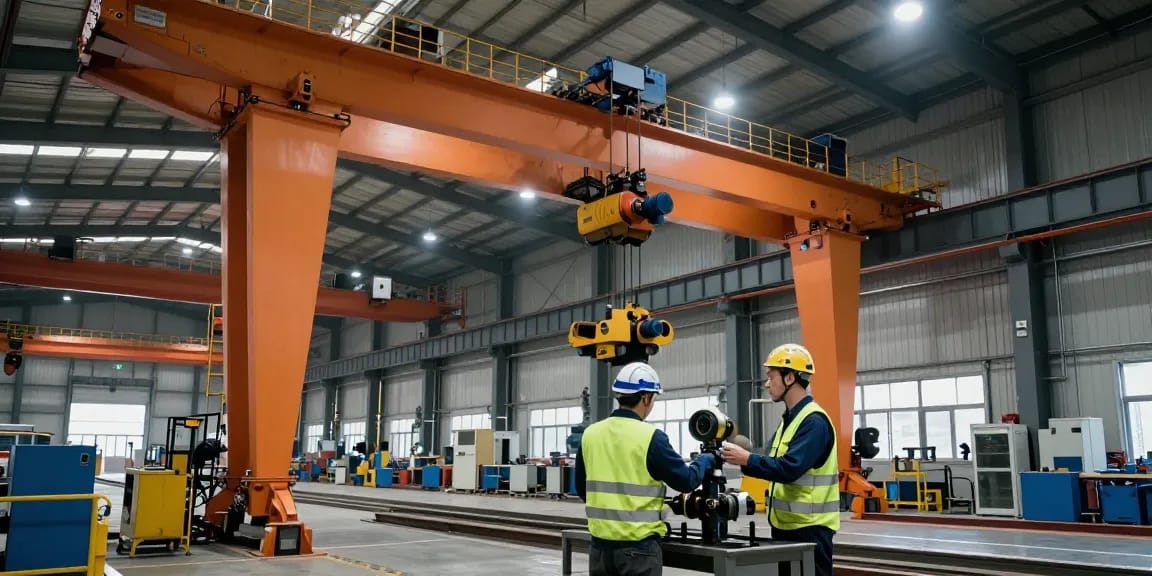 Gantry crane manufacturer inspecting assembly components in a modern industrial workshop filled with cranes.