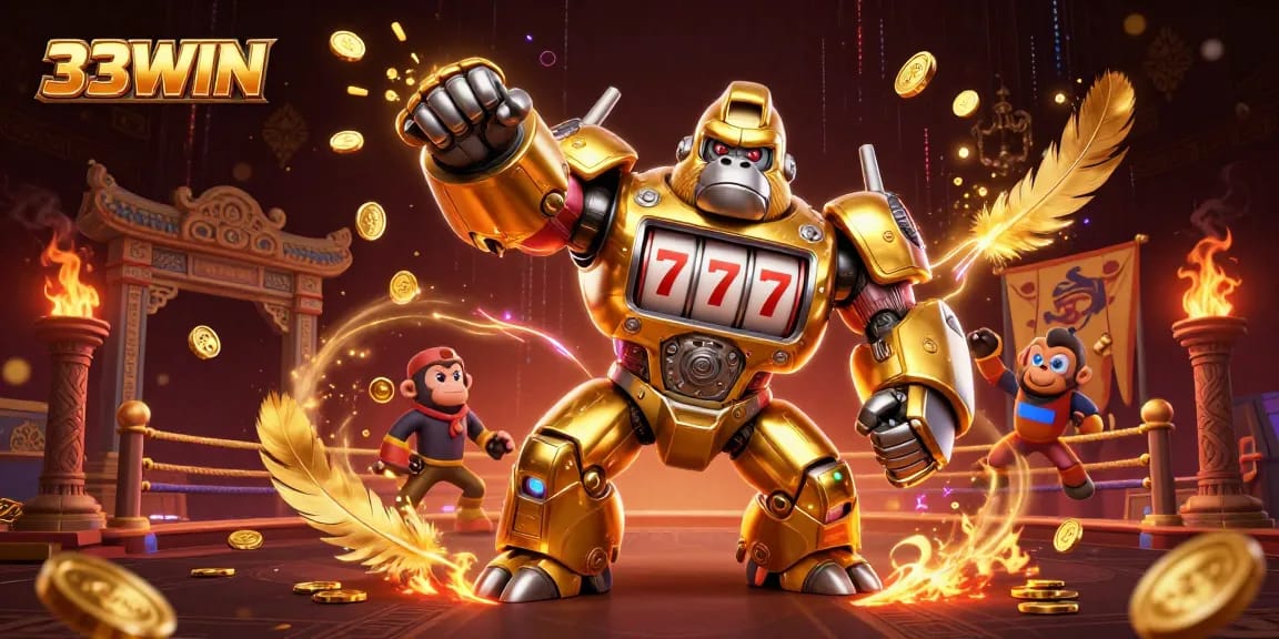 Engage with 33WIN's exciting casino games in a vibrant, dynamic scene featuring a golden gorilla mech.