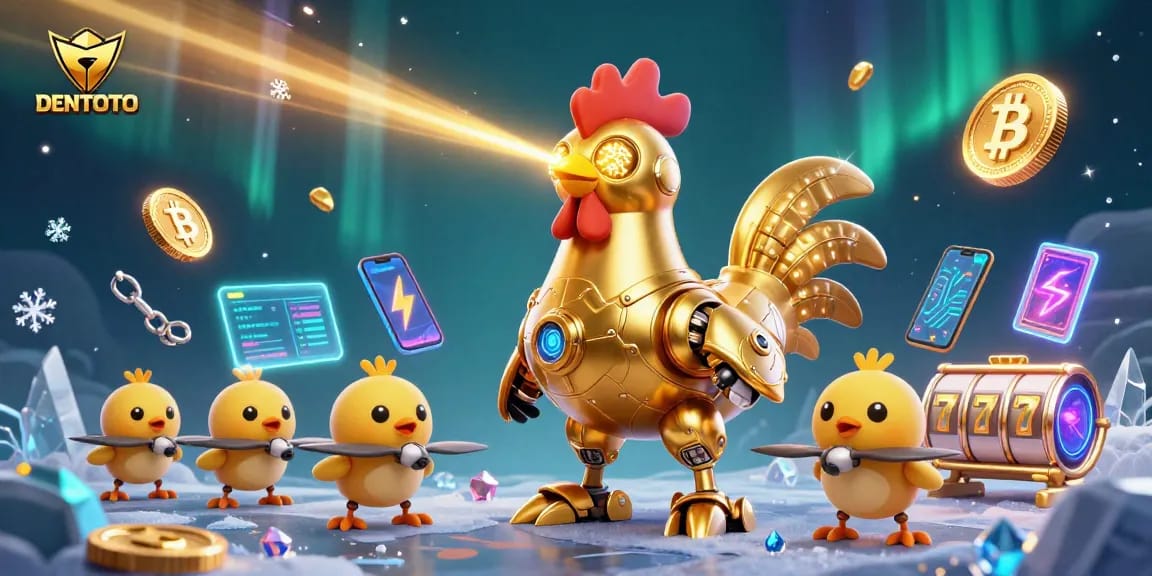 Experience thrilling gameplay with DENTOTO, featuring a golden rooster robot and baby chick drones in a vibrant casino scene.