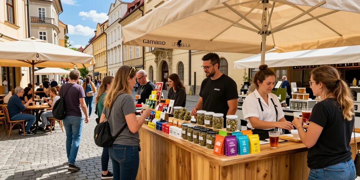 Where Can I Buy Top Quality Weed In Prague? Approved Guide features a vibrant dispensary scene with customers exploring cannabis products.