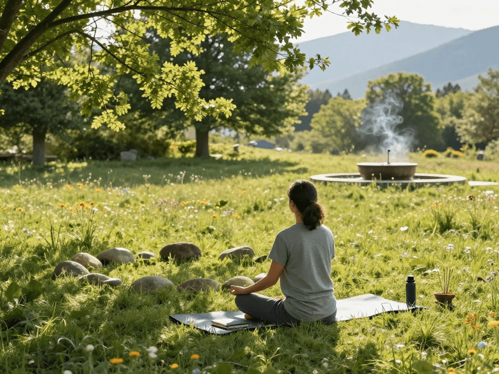 Practicing mantra 88 meditation in a tranquil outdoor setting surrounded by nature.