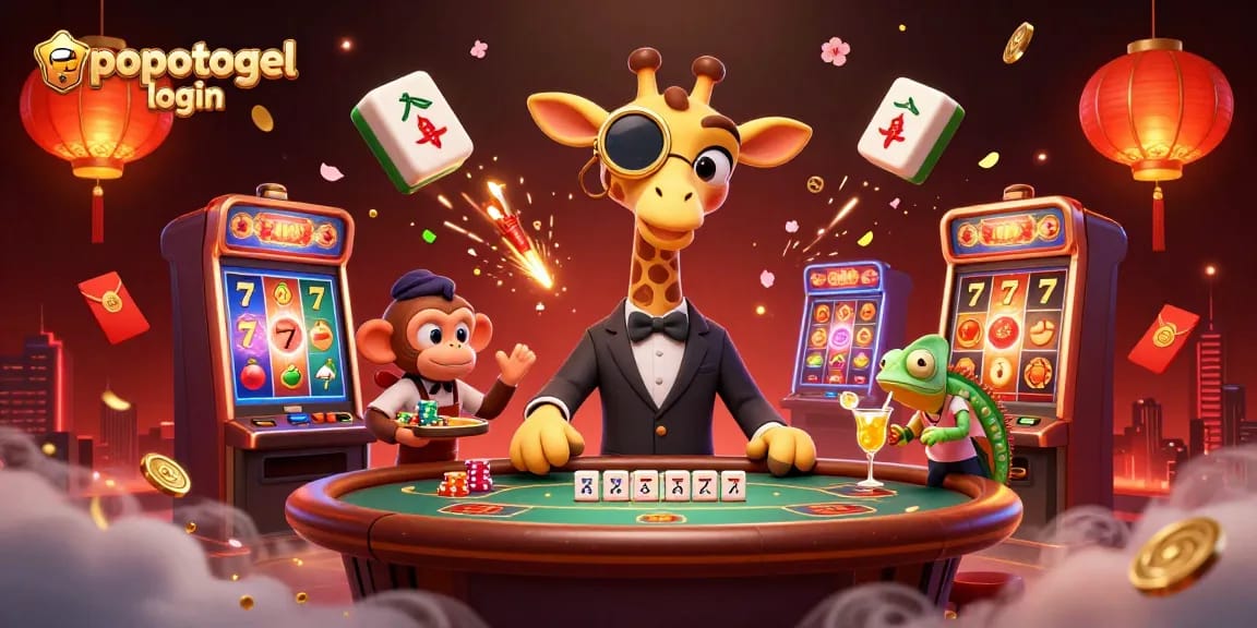 Experience the popotogel login with a vibrant and dynamic casino scene featuring a high-roller giraffe and lively game elements.