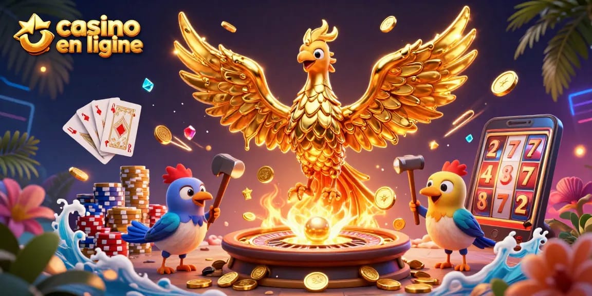 Jouez au casino en ligne avec une illustration captivante de la phoenix dorée et des éléments de jeu.