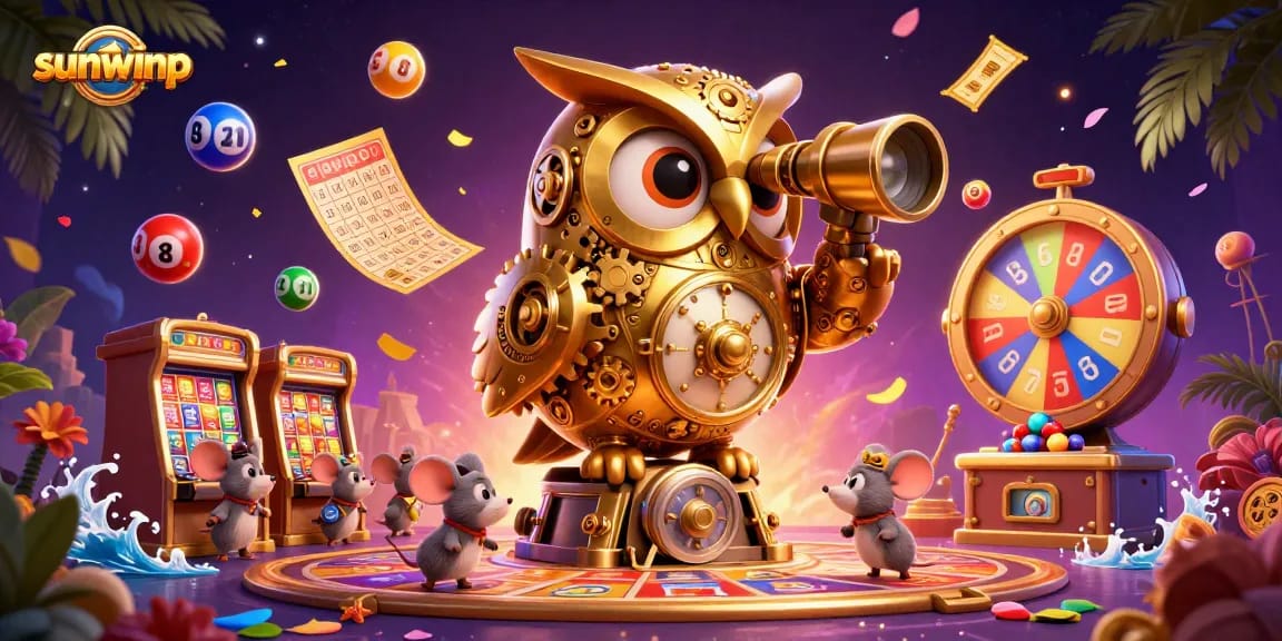 Play casino games at sunwinp with a whimsical owl overseeing vibrant lottery balls and casino action.