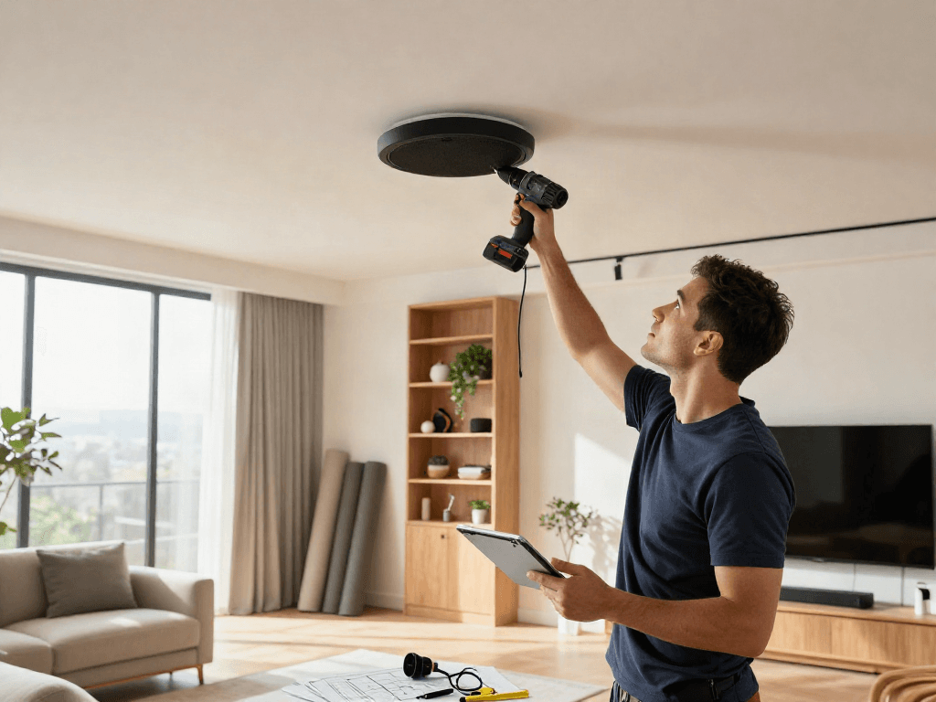 خرید اسپیکر سقفی installation in modern living room with technician and tools.