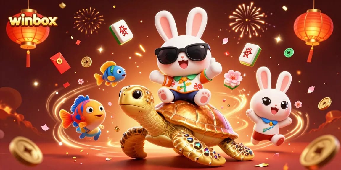 Experience winbox like never before with a lucky rabbit and golden turtle in this vibrant casino scene.